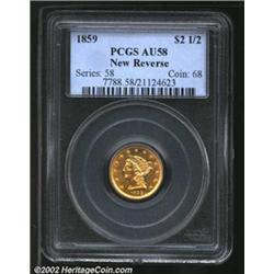 1859 $2 1/2 New Reverse AU58 PCGS. Sparkling orange toning over lustrous fields obscures most of the