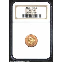 1862 $2 1/2 AU58 NGC. Sharply struck with extensive luster and fields that are only lightly abraded.