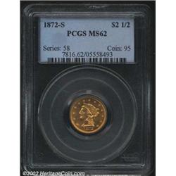 1872-S $2 1/2 MS62 PCGS. Well struck except for the left leg of the eagle. The fields have a few wis