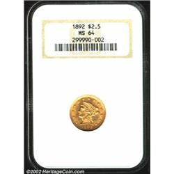 1892 $2 1/2 MS64 NGC. The 1892 is a scarce, low mintage issue in the Coronet Quarter Eagle series wi