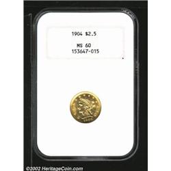 1904 $2 1/2 MS60 NGC. The base of the 1 in the date is lightly repunched. A razor-sharp Quarter Eagl
