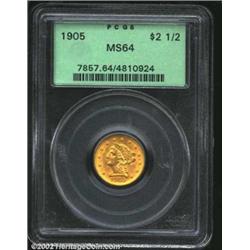 1905 $2 1/2 MS64 PCGS. Clean fields with satiny luster set off the well struck details on this near.
