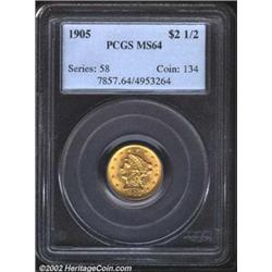 1905 $2 1/2 MS64 PCGS. Satiny luster exudes from surfaces displaying a lovely hint of olive patina..