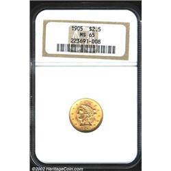 1905 $2 1/2 MS65 NGC. The 5 in the date appears to be repunched below the upper serif. A well struck