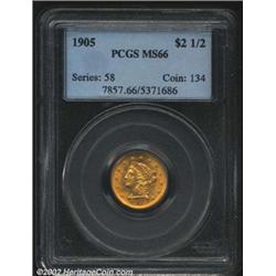 1905 $2 1/2 MS66 PCGS. Well struck, as would be expected of a coin in this lofty grade, with swirlin