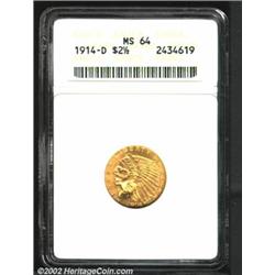1914-D $2 1/2 MS64 ANACS. Survivors from the Denver Mint's delivery of 448,000 Indian Quarter Eagles
