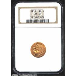 1915 $2 1/2 MS63 NGC. A bright and nicely struck representative that has radiant orange-gold color..