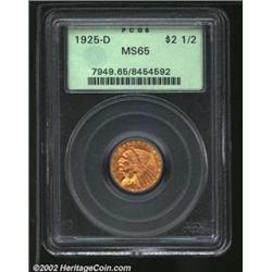 1925-D $2 1/2 MS65 PCGS. A nicely struck Quarter Eagle that has pleasing orange-gold patina on porti