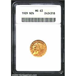 1929 $2 1/2 MS63 ANACS. Bright and lustrous. A nicely struck Quarter Eagle that has a couple of mino