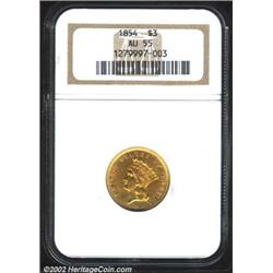 1854 $3 AU55 NGC. A briefly circulated but attractive example of this inaugural issue. A couple of l