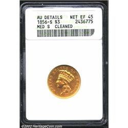 1856-S $3--Cleaned--ANACS. AU Details, Net XF45. Breen-6355, Medium S mintmark. The die break at the