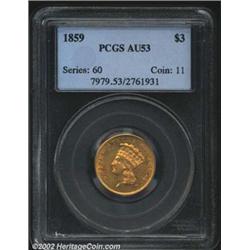 1859 $3 AU53 PCGS. Lustrous for the grade, with a clean reverse and a few minor abrasions in the obv