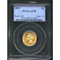 1859 $3 AU58 PCGS. Soft yellow color surfaces, lightly abraded, but entirely pleasant to view. Even.