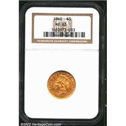 1860 $3 MS63 NGC. All 7,036 Philadelphia Mint Three Dollar gold pieces struck in 1860 were delivered