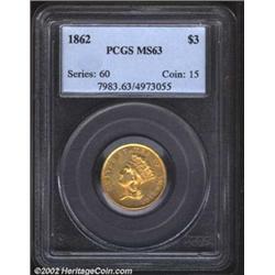 1862 $3 MS63 PCGS. Only 5,750 pieces were struck of this popular Civil War issue. While relatively o