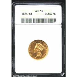 1874 $3 AU55 ANACS. The legends and devices are bathed in bright luster. The hair below the crown ha