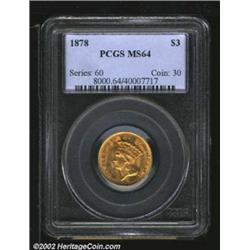 1878 $3 MS64 PCGS. A bright honey-gold near-Gem that has pleasing luster and a well preserved revers