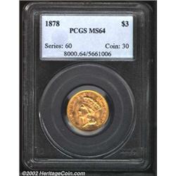 1878 $3 MS64 PCGS. Highly lustrous, as usually seen on high grade Threes, each side shows a signific