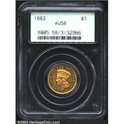 1883 $3 AU58 PCGS. A rare issue, as the business strike production of 900 pieces is among the lowest