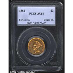 1884 $3 AU58 PCGS. Flashy reflective fields, with a touch of frost on the devices, has produced a ni
