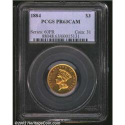 1884 $3 PR63 Cameo PCGS. Warm olive-gold color blankets both sides of this Select quality Three. The