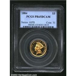 1884 $3 PR65 Deep Cameo PCGS. Brilliant, flashy yellow surfaces and boldly struck throughout. Both s