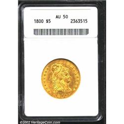 1800 $5 AU50 ANACS. B. 1-D, Miller-44, R.4. Blunt 1 in date, distant from curl, with a short spine (