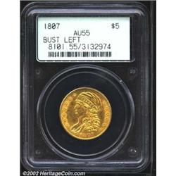 1807 $5 Bust Left AU55 PCGS. B. 5-D, Miller-101, R.3. Mint engraver John Reich was the designer of t