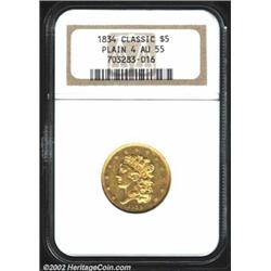 1834 $5 Plain 4 AU55 NGC. First Head, Breen-6501, McCloskey 3-A, R.3. An attractive coin that has a.