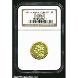 1834 $5 Plain 4 AU58 NGC. Breen-6501, McCloskey 3-B, R.2. Breen's First Head, which has a prominent.