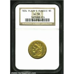 1834 $5 Plain 4 AU58 NGC. Breen-6502. Second Head, McCloskey 2-A, R.2. A lightly circulated represen