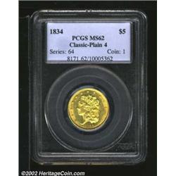 1834 $5 Plain 4 MS62 PCGS. First Head, Large Plain 4, Breen-6501, McCloskey 3-B, R.2. The striking d
