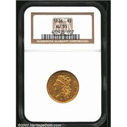 1836 $5 AU55 NGC. Breen-6510, Third Head, McCloskey 3-C, R.2. A briefly circulated piece with a dece