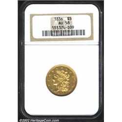 1836 $5 AU58 NGC. Second Head, Breen-6509, McCloskey 4-D, R.3. A sharply struck coin that has bright