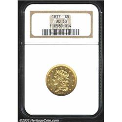 1837 $5 AU53 NGC. Large Date, Large 5, Breen-6512, McCloskey 2-B, R.3. A minor obverse rim ding at 5