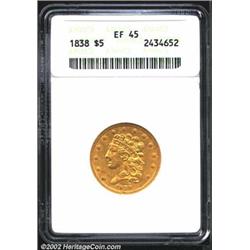 1838 $5 XF45 ANACS. Breen-6515, Small Arrows, Large 5, McCloskey 2-B, R.2. A premium XF example that