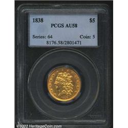 1838 $5 AU58 PCGS. Large Arrows, Small 5, Breen-6514, McCloskey 1-A, R.2. A well struck example that