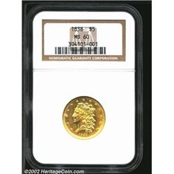 1838 $5 MS60 NGC. Breen-6514, McCloskey 1-A, R.2. The variety with large arrowheads and a small 5 in