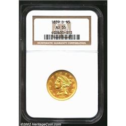 1839-D $5 AU55 NGC. Winter 2-A. This is the more common of the two known die marriages of the '39-D.