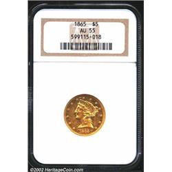 1865 $5 AU55 NGC. Since gold specie payments were suspended at the end of 1861, it is little wonder.
