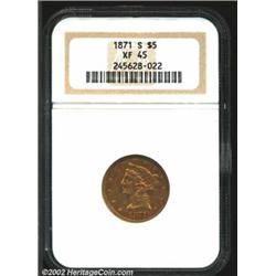 1871-S $5 XF45 NGC. A scarcer S-mint issue and seldom seen any finer than XF. A bit weakly struck, e