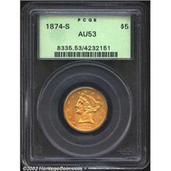 1874-S $5 AU53 PCGS. A clearly original example that has intermingled olive-gold and honey-gold colo