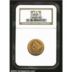 1879-S $5 MS61 NGC. A sharply struck coin that has good luster. Orange-gold in color, with no mentio