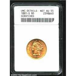 1881-S $5--Scratched--ANACS, Unc Details, Net AU55, a flashy but somewhat abraded example that has s