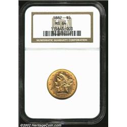1882 $5 MS64 NGC. Fully struck with rich reddish tinged, lustrous surfaces. A few small abrasions ar