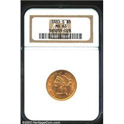 1883-S $5 MS63 NGC. A conditionally scarce issue in Mint State with only six other pieces so graded.