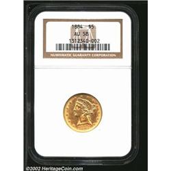 1884 $5 AU58 NGC, two examples, both of which have extensive bright luster across the legends and de