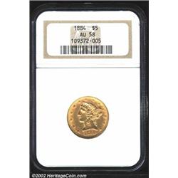 1884 $5 AU58 NGC. The fields and devices show the effects of light circulation, and scrapes in the o