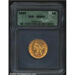 1885 $5 MS63 ICG. A lustrous and sharply struck representative that has bright orange-gold color. Th