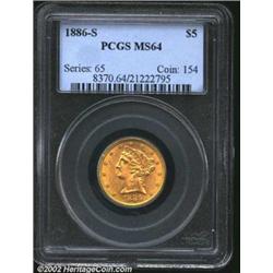1886-S $5 MS64 PCGS. The smooth, creamy mint luster of this near Gem is barely interrupted by a few.
